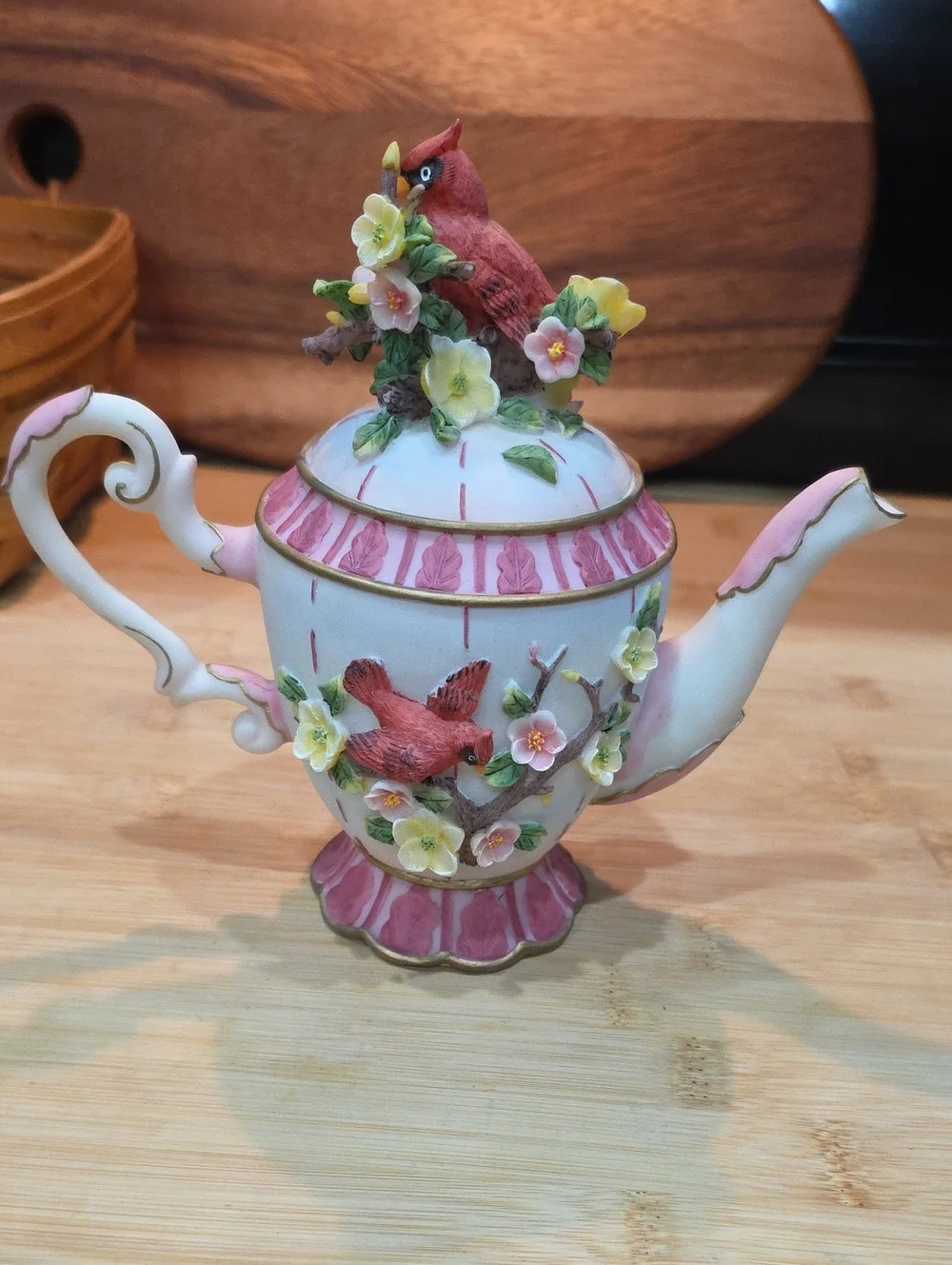 Porcelain Bird Teapot Figurine in Pink and Red - Decorative Pet Bird Accent